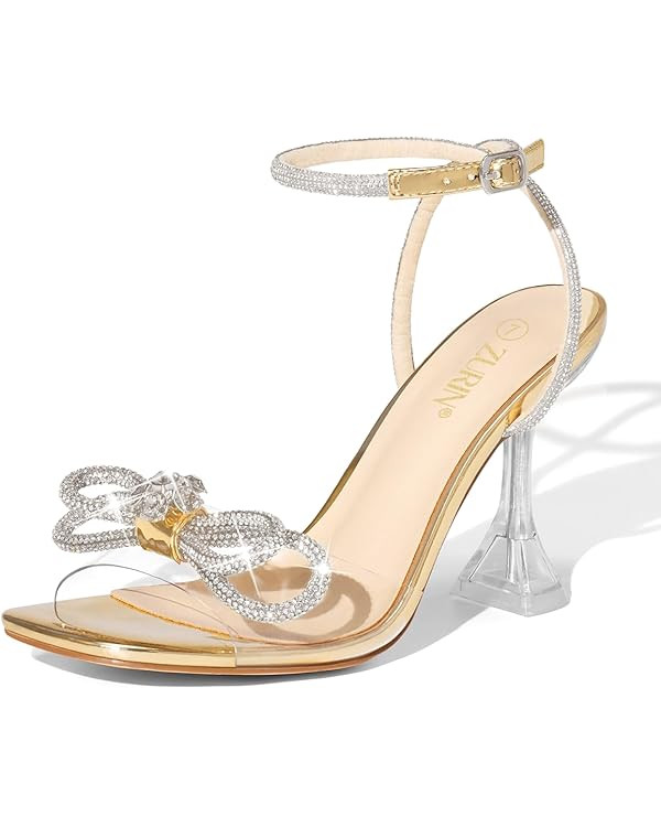 ZURIN Women's Rhinestone Bow Heels Square Toe Clear Heeled Sandals Slingback High Heels Dress Par... | Amazon (US)