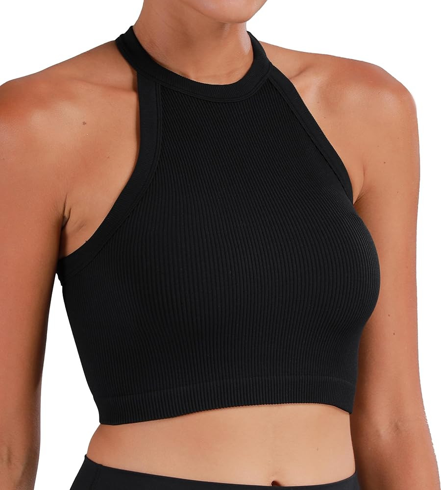 Sunzel Women's Ribbed Halter High Neck Seamless Camisole Sleeveless Crop Tank Tops | Amazon (US)