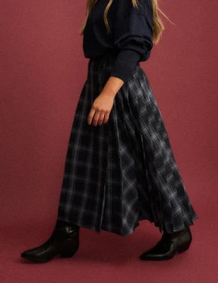Navy Tartan Pleated Midi Skirt | Nobody's Child
