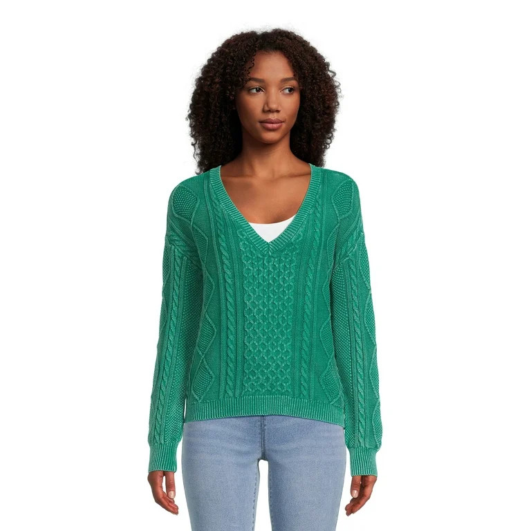 No Boundaries Juniors Washed Cable Knit V-Neck Top | Walmart (US)