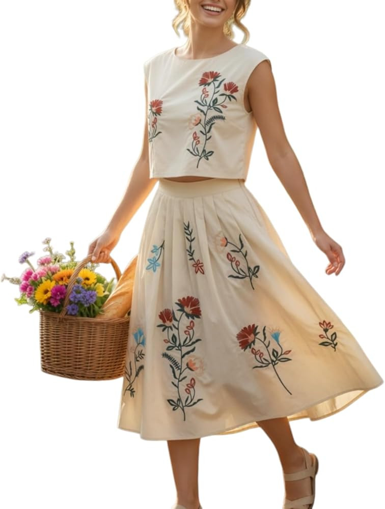Women's Floral Embroidery Two Piece Set Off Shoulder Crop Top And Maxi Skirt Outfit For Summer Fe... | Amazon (US)