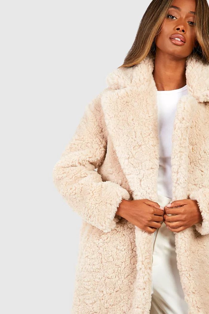 Textured Belted Faux Fur Coat | Boohoo.com (UK & IE)