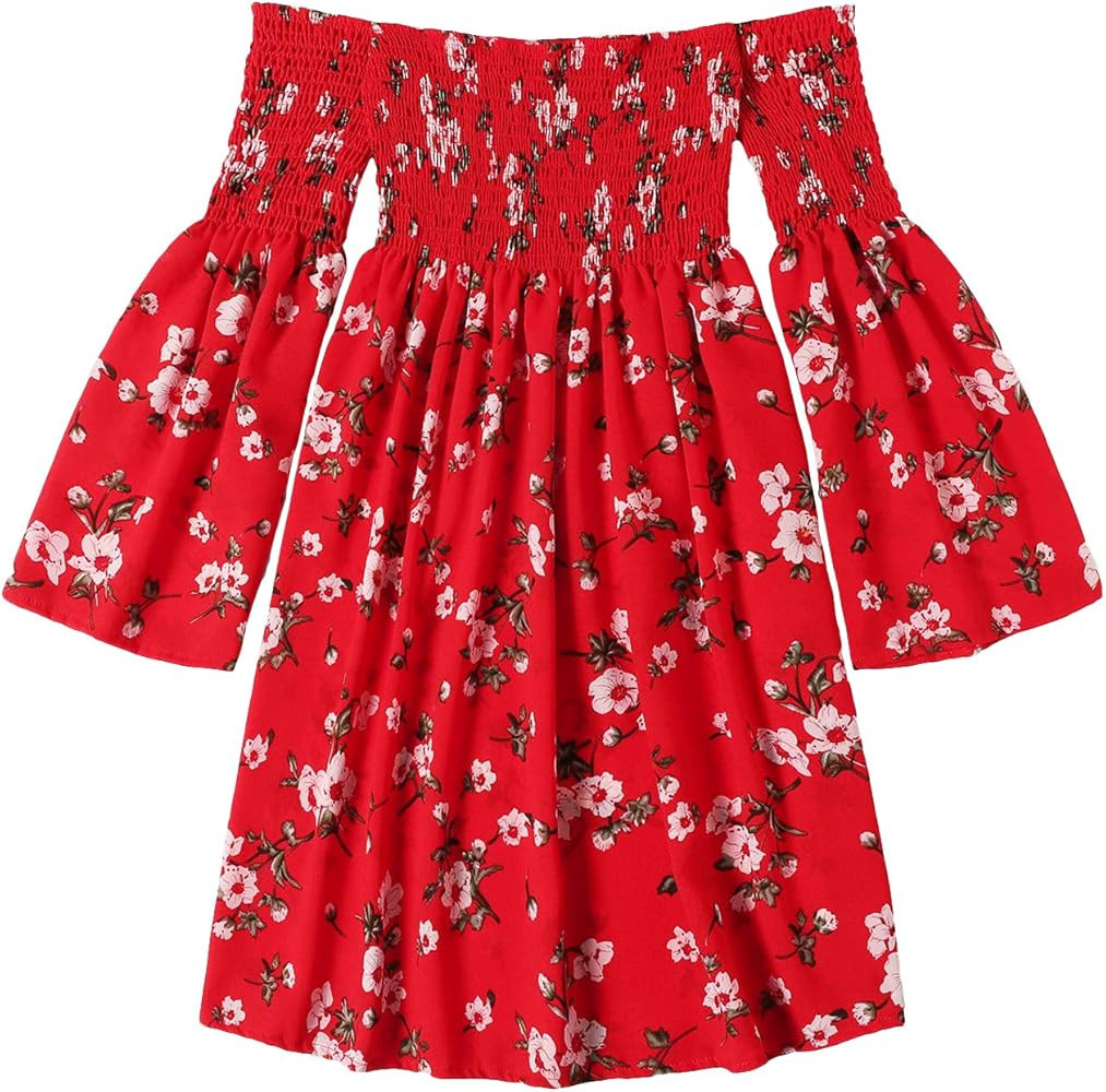 Romwe Women's Casual Floral Print Off Shoulder Trumpet Sleeve Swing Dress | Amazon (US)