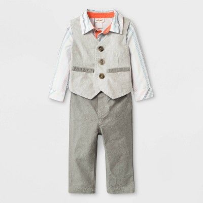 Baby Boys' Long Sleeve Bodysuit, Twill Vest and Twill Pant Set - Cat & Jack™ Gray/White | Target