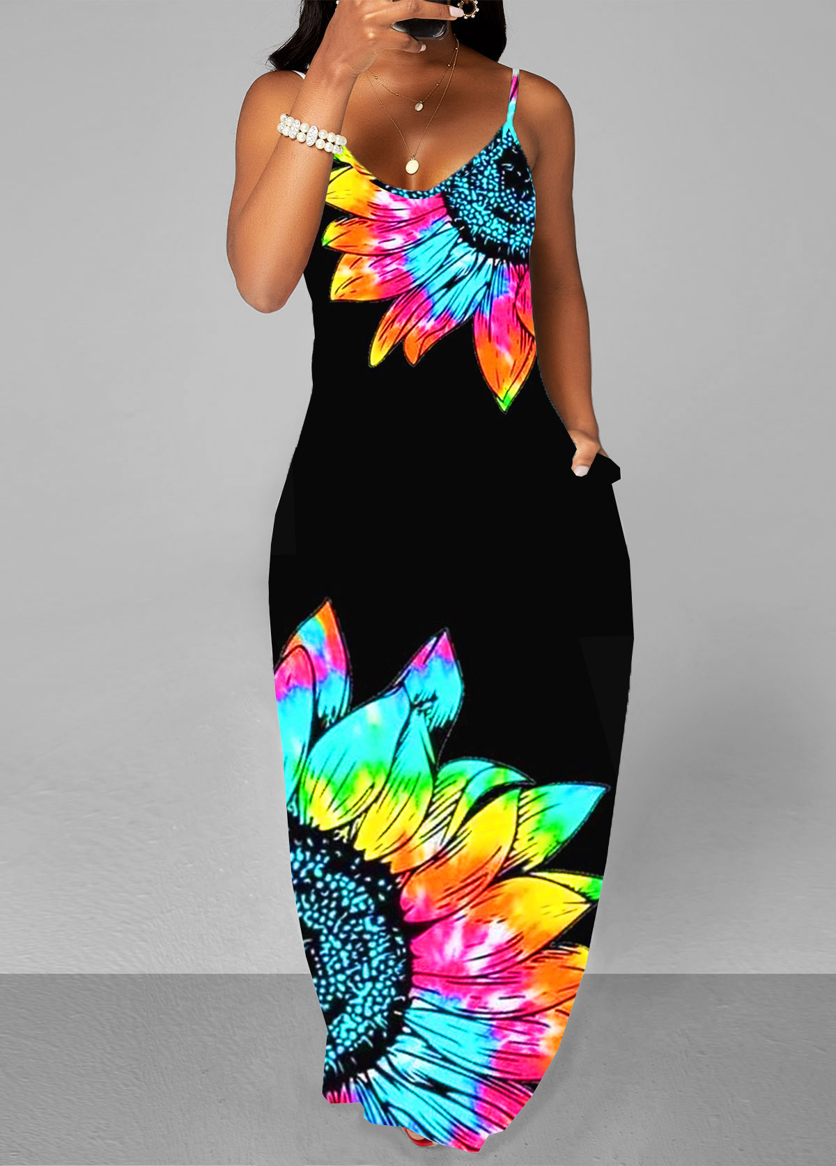 ROTITA Black Floral Print Spaghetti Strap Maxi Dress | Rotita.com - USD $36.98 | rotita.com