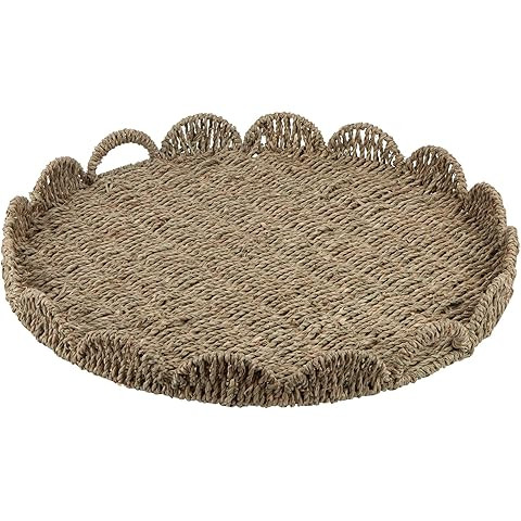 StorageWorks Round Wicker Scalloped Tray, Rattan Serving Trays with Handles, Seagrass Basket for ... | Amazon (US)