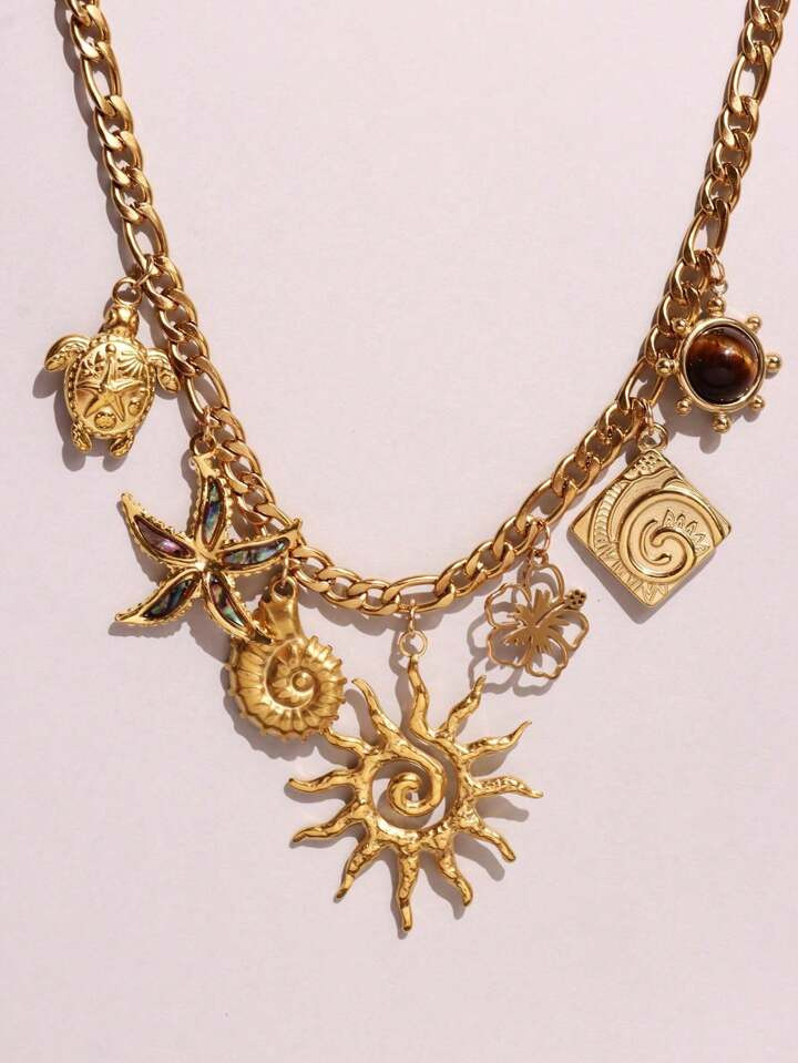 1pc Elegant Vintage 18k Gold Plated Stainless Steel Waterproof Pendant Necklace With Natural Turt... | SHEIN