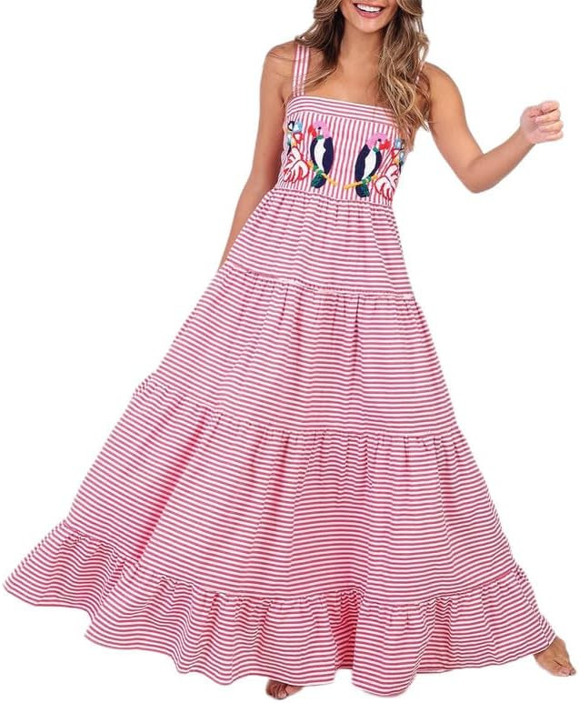 NUFIWI Women Boho Embroidered Cami Long Dress Sleeveless Cute Graphic Swing Maxi Dress Square Nec... | Amazon (US)