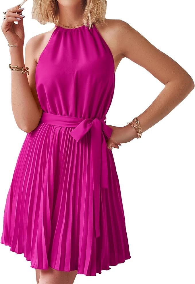 BTFBM Women Halter Neck Summer Dresses Resort Sleeveless Sundress Belt Pleated A-Line Cocktail Pa... | Amazon (US)