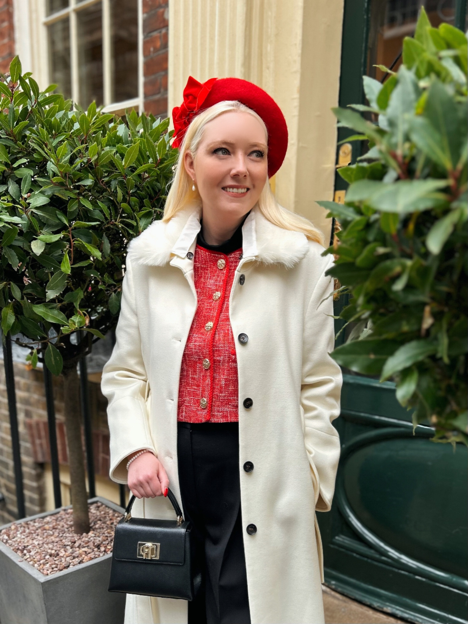 Valentine’s Vibes in London (although I went for the Parisian look) - wearing my stunning new SS25 collection Alexa red tweed jacket and the Julie pearl hoop drops by LK Bennett London. Enjoy a 15% discount with my promo code REBECCALIPKINAUTHOR15 - I partnered these pieces with my Karen Millen Cream Belted Detatchable Faux Fur Collar Maxi coat, Furla 1927 mini top handle bag in black, black wide leg trousers by And Other Stories, a red velvet bow beret by Imogen’s Imagination on Etsy UK, and the Mischa Black Roll Neck Jersey by Hobbs London which pushes the 1960s vibes. Hope you like this romantic outfit 💋 

#LTKdatenight #LTKuk #LTKeurope