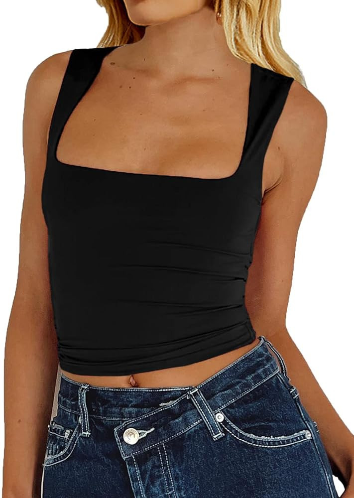 AnotherChill Sexy Square Neck Sleeveless Tank Crop Top for Women Y2k Shirt Going Out Tops Slim Fi... | Amazon (US)