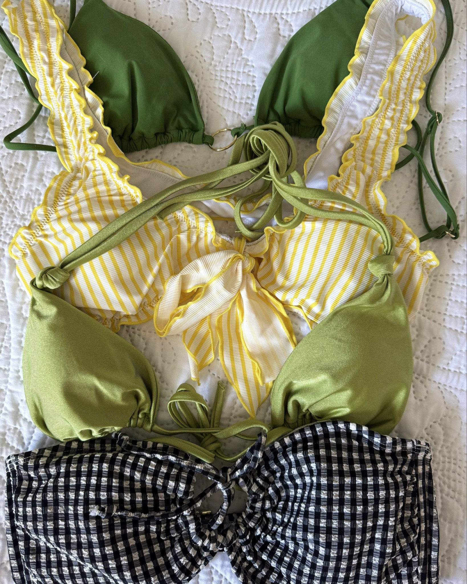 All the bikinis I packed for our trip to 30A! All my current favs! 💚💛🖤🤍

I wear a size XS in almost all of them but the bottom (black&white gingham) top is a medium - could have done a small a too!

Third from bottom set exact link: (lighter green set)

https://a.co/d/h5nhL6E

Target finds, H&M, cupshe, Amazon, green, yellow, olive green, bikinis, swimsuit, beach wear, petite fashion 

#LTKPetite #LTKSwim #LTKTravel