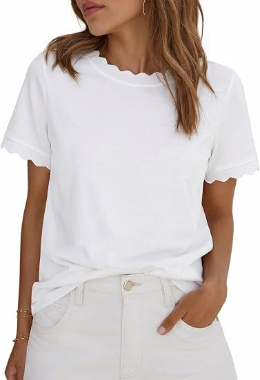 Tankaneo Womens Short Sleeve Striped Tshirt Summer Colorblock Scalloped Top | Amazon (US)