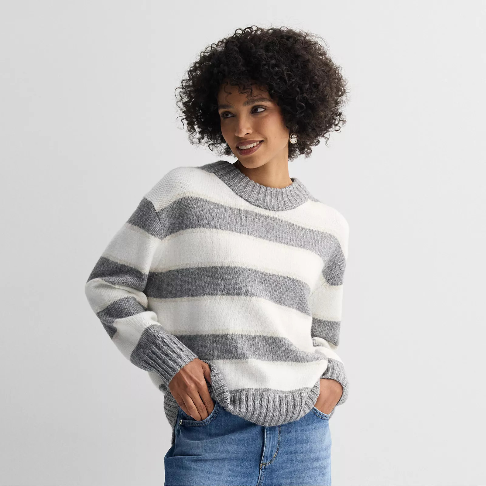 Women's Sonoma Goods For Life® Cozy Crew Neck Pullover, Size: XS, Gray Beige Stripe | Kohl's