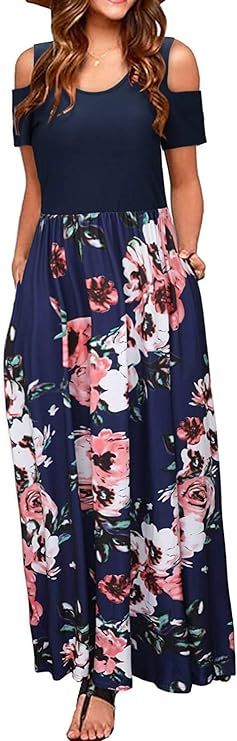 Kancystore Women's Short Sleeve Floral Maxi Dresses Cold Shoulder Dress with Pockets | Amazon (US)