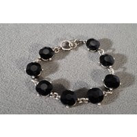 Vintage Silver Tone 8 Round Prong Set Jet Black Faceted Glass Stone Adjustable Line Link Station Tennis Style Bracelet | Etsy (US)