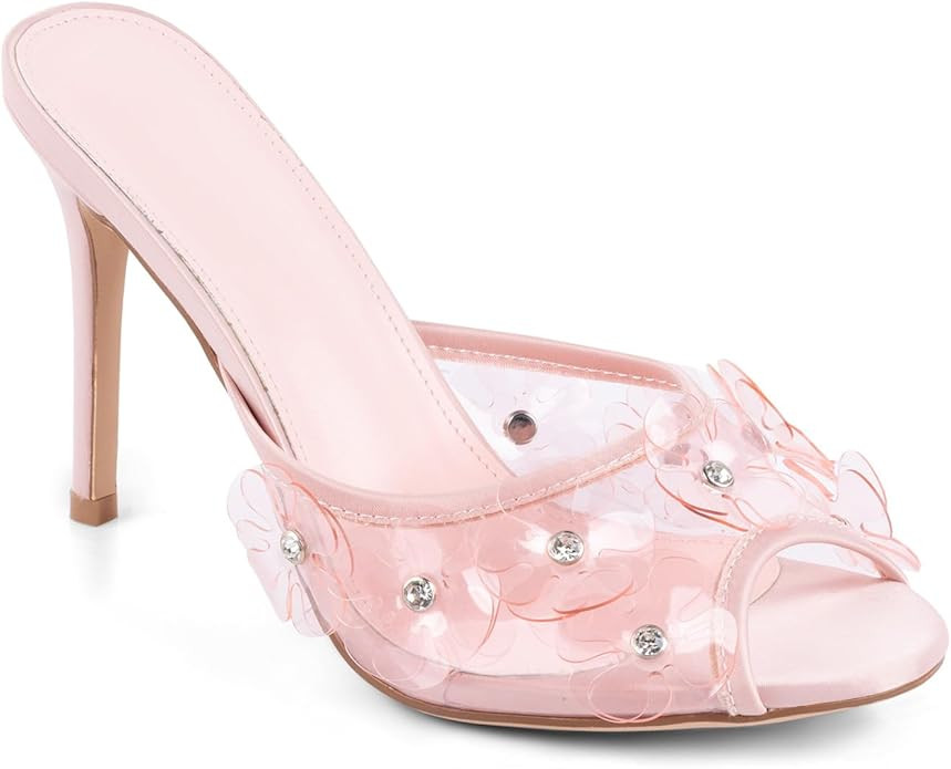 Womens Clear Round Toe Heels Stiletto Sandals Pink Strap High Heeled Mules Cute Crystal Flower Sl... | Amazon (US)