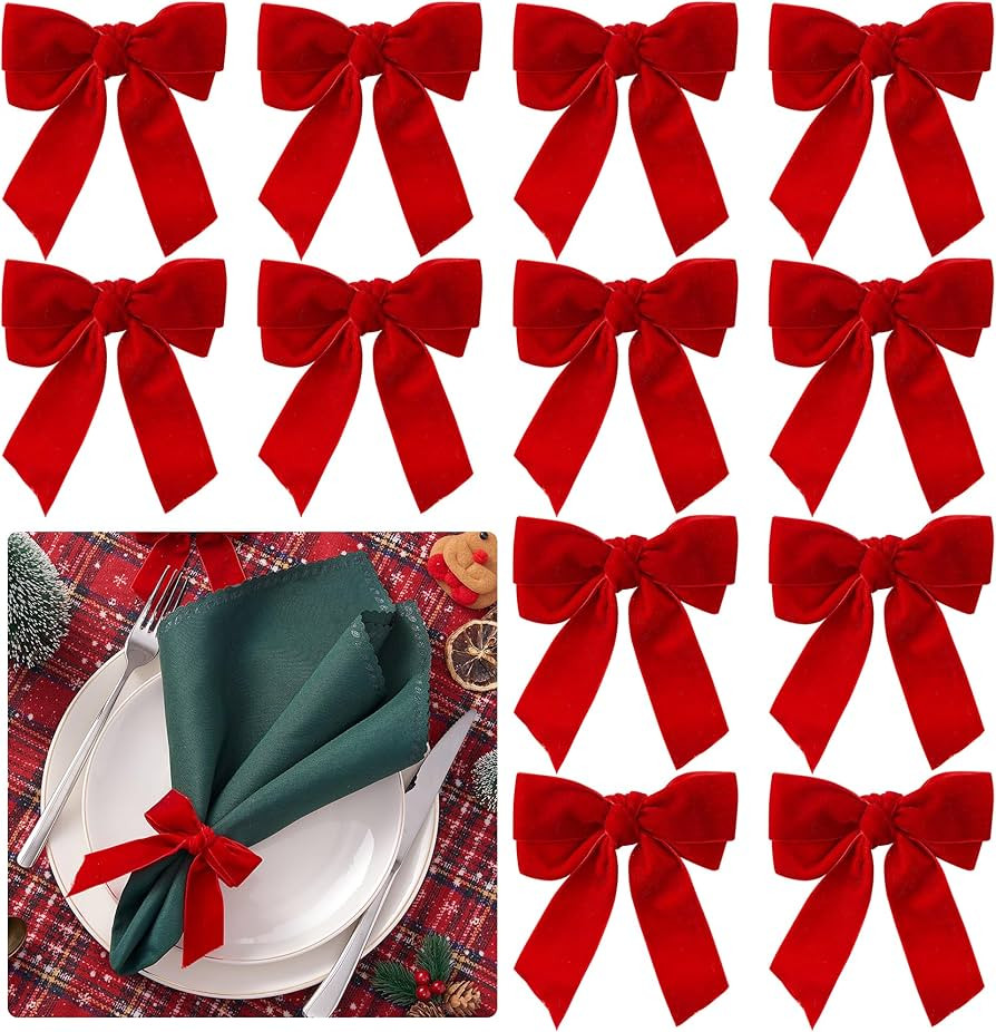 Christmas Napkin Rings Set of 12 - Red Bow Velvet Napkin Holders, Chic Xmas Holiday Napkin Rings ... | Amazon (US)