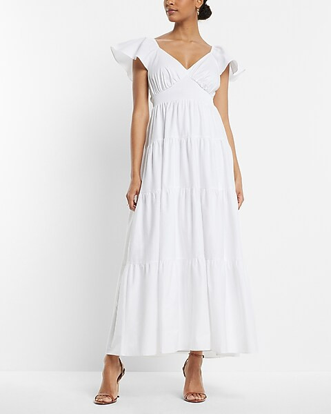 V-Neck Flutter Sleeve Tiered Maxi Dress | Express