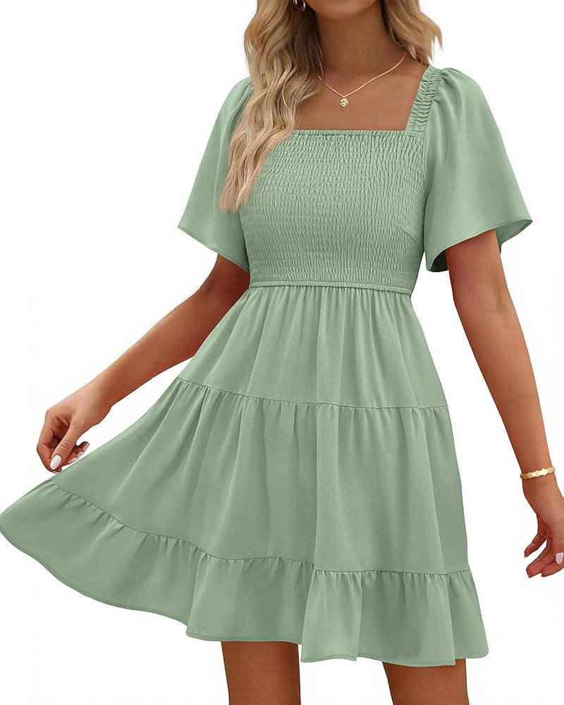 BTFBM Womens Summer Smocked Mini Dress Spring Square Neck Flutter Sleeve Casual Ruffle Swing Boho... | Amazon (US)