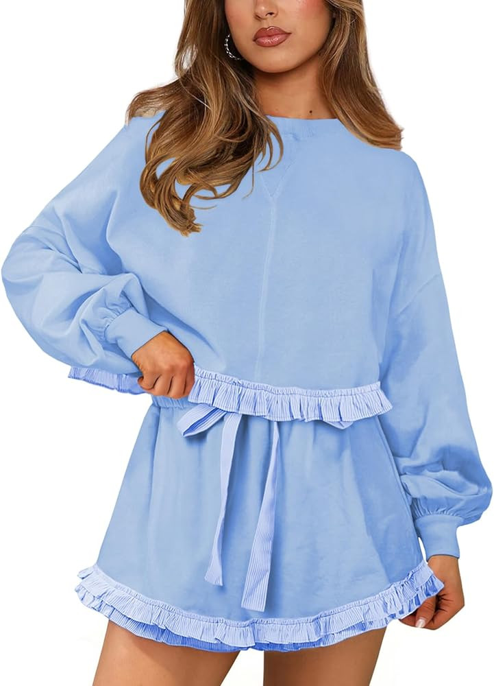 Womens 2 Piece Set Crewneck Sweatshirt Ruffle short Sets Fall Fashion cute tennis Matching Lounge... | Amazon (US)