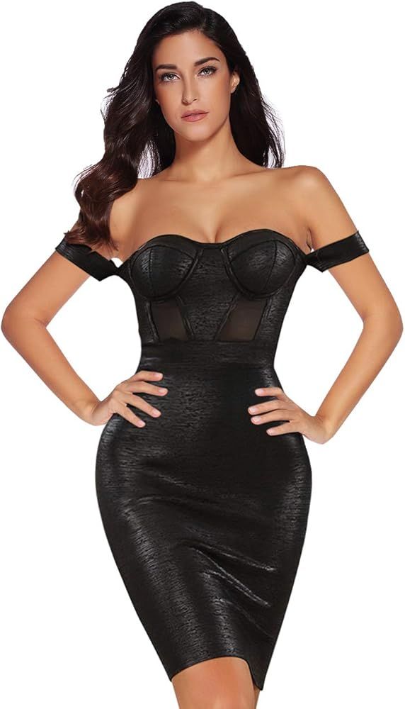meilun Women's Off Shoulder Foil Mesh Bodycon Black Bandage Club Party Dress | Amazon (US)