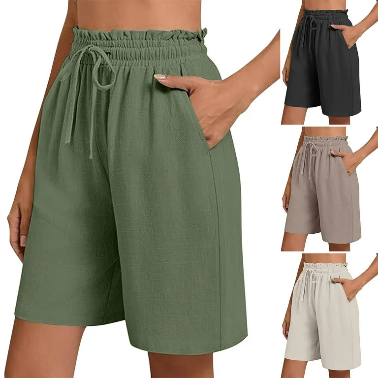 BiZtdJrK Womens Drawstring Cotton Linen Shorts Elastic High Waist Bermuda Shorts Baggy Lightweigh... | Walmart (US)
