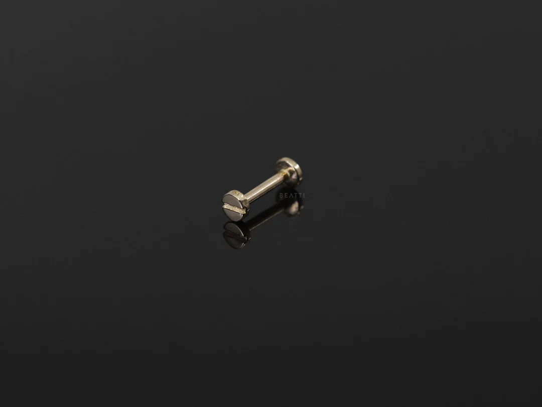 NEW 14K Solid Gold Tiny Flat Screw Labret Stud, Tiny Flat Head Screw Stud, 14k Solid Gold Interna... | Etsy (US)