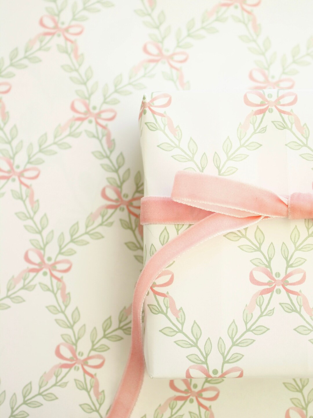 Pastel Pink Bows & Greenery Trellis Wrapping Paper, Floral Girly Preppy Gift Wrap (Baby Shower, W... | Etsy (US)