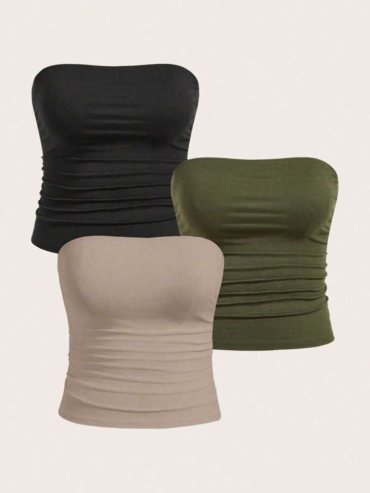 Calvaya Plus Size Women's Solid Color Ruched Fitted Tube Top | SHEIN