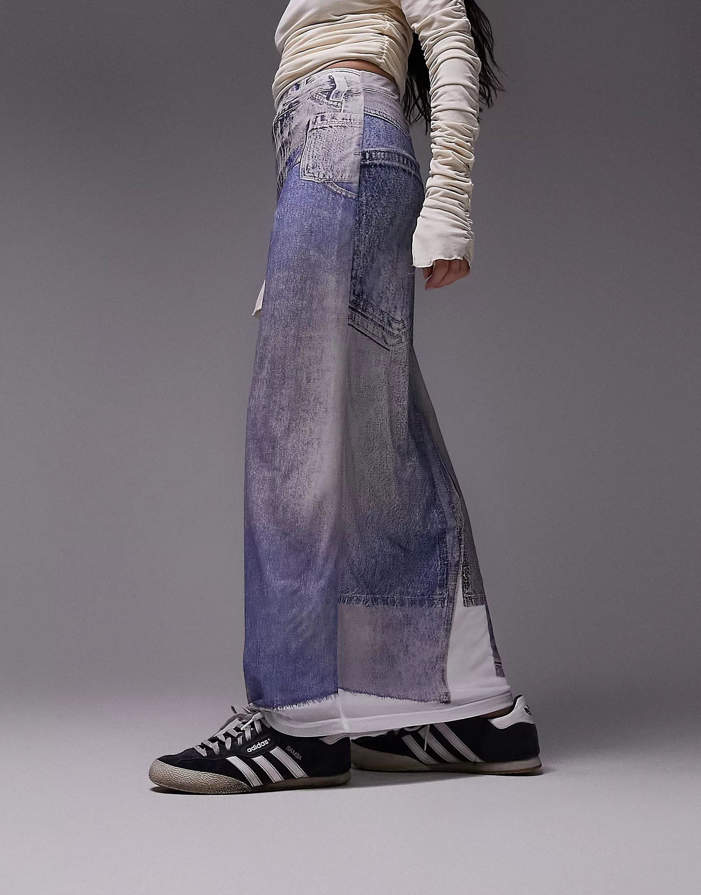 Topshop denim print mesh midi skirt in blue | ASOS (Global)