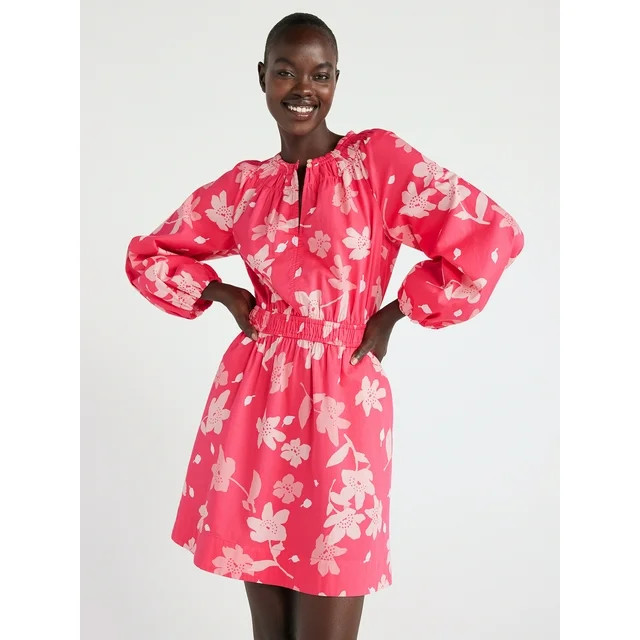 Free Assembly Women's Gathered Waist Mini Dress with Long Sleeves, Sizes XS-XXXL - Walmart.com | Walmart (US)