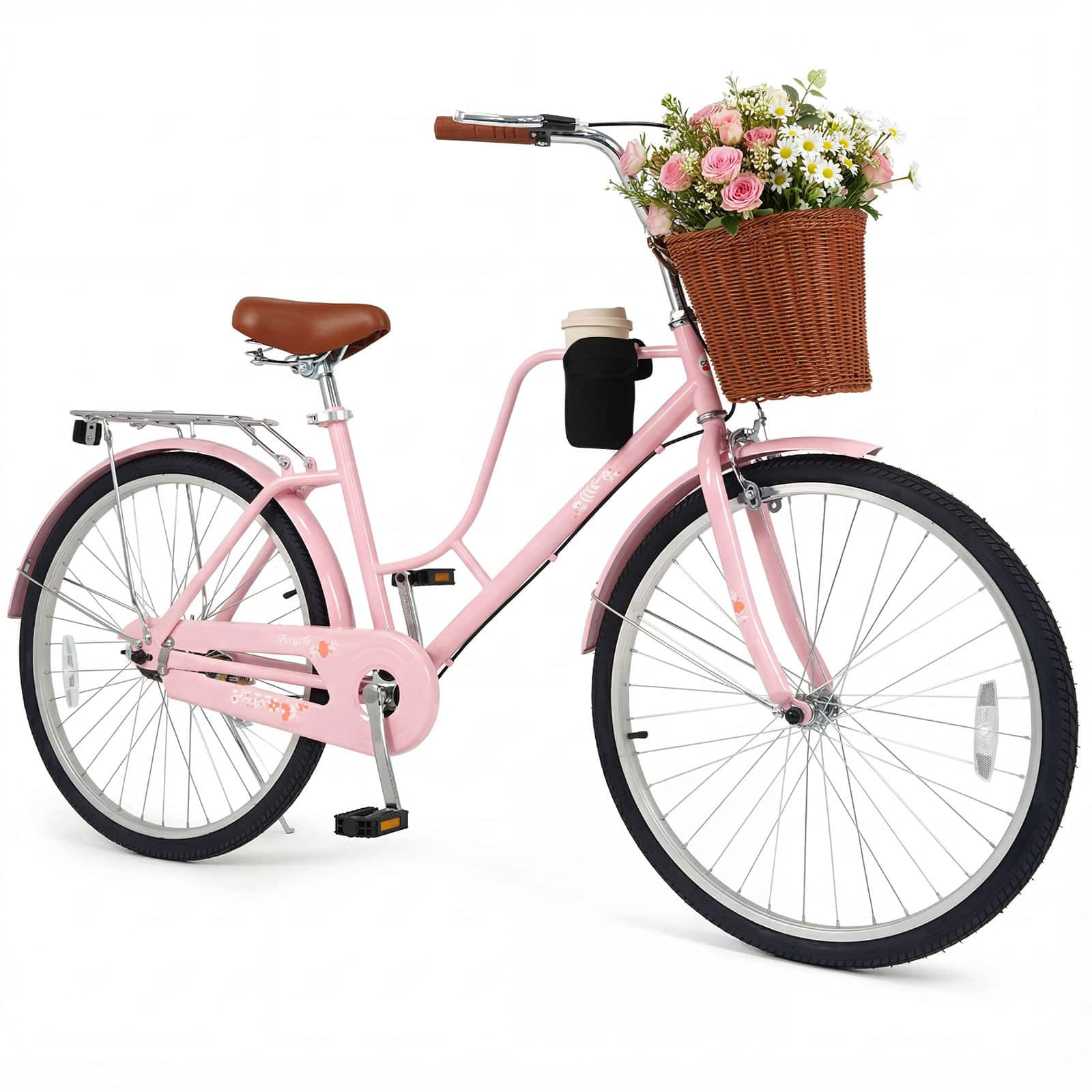 Gymax - 26-Inch Beach Cruiser Bike w/Adjustable Seat Woven Basket & Rear Rack for City - Pink | Best Buy U.S.