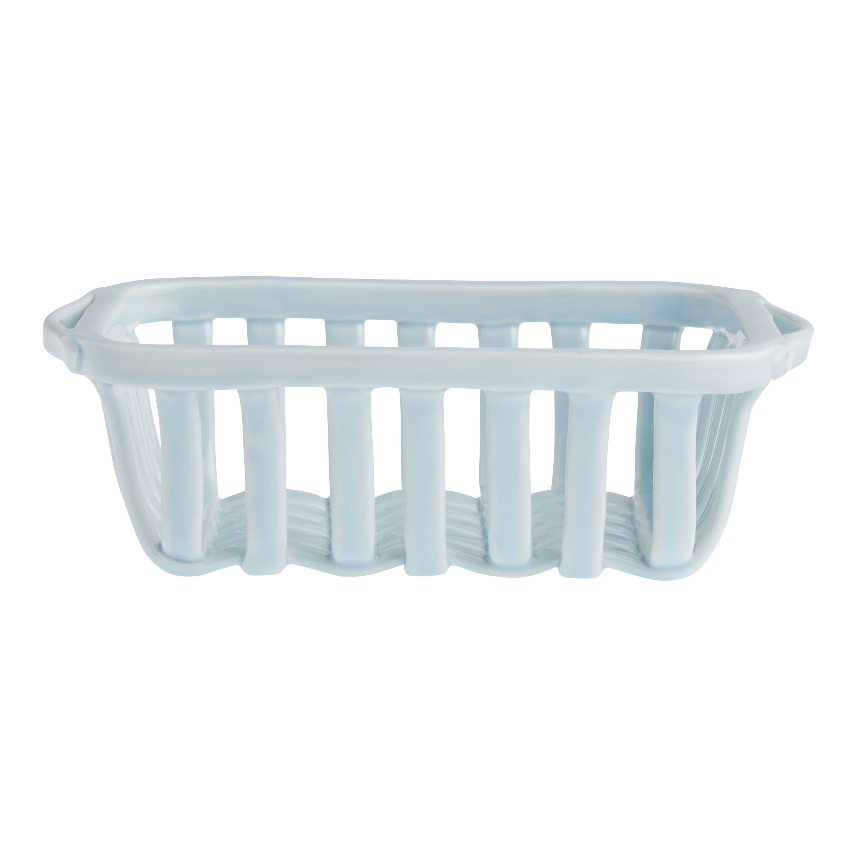 Medium Pale Blue Ceramic Basketweave Kitchen Basket | World Market