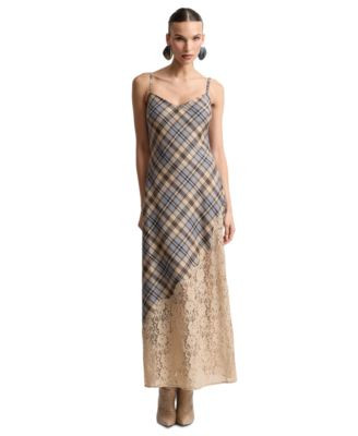 Avec Les Filles Women's Bias V-Neck Maxi Dress - Light Brown Plaid Multi | Macy's