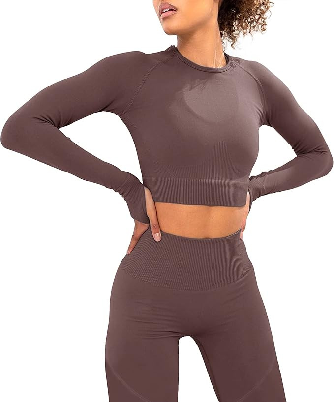 Jetjoy Gym Set for Women 2 piece Outfits Workout Set Gym Clothes for Womens Seamless Long Sleeve ... | Amazon (UK)
