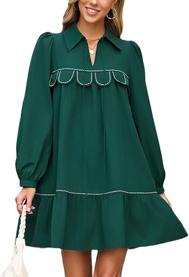 Women’s Long Sleeve Mini Dress Loose Fit Collared Casual Dress Ruffle Hem Elegant Shift Dress | Amazon (US)
