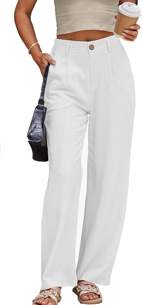 Fakanhui Women's Linen Dressy Work Casual Pants Summer Business Straight Wide Leg Cotton Linen Tr... | Amazon (US)