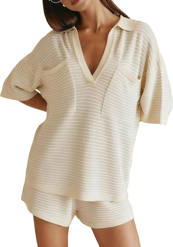 STURWBEZ Womens Summer Stripe Knit Sweater Short Sets 2 Piece Shorts Top Lounge Beach Vacation Tw... | Amazon (US)