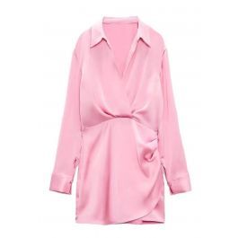 V-Neck Ruched Front Satin Shirt Dress in Pink | Chicwish