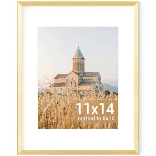 11x14 Picture Frame Gold, Aluminum 11 x 14 Frame with Stand for Tabletop Display, Metal Photo Frame 11 by 14 with Tempered Real Glass, 11x14 Frame Matted to 8x10 | Amazon (US)