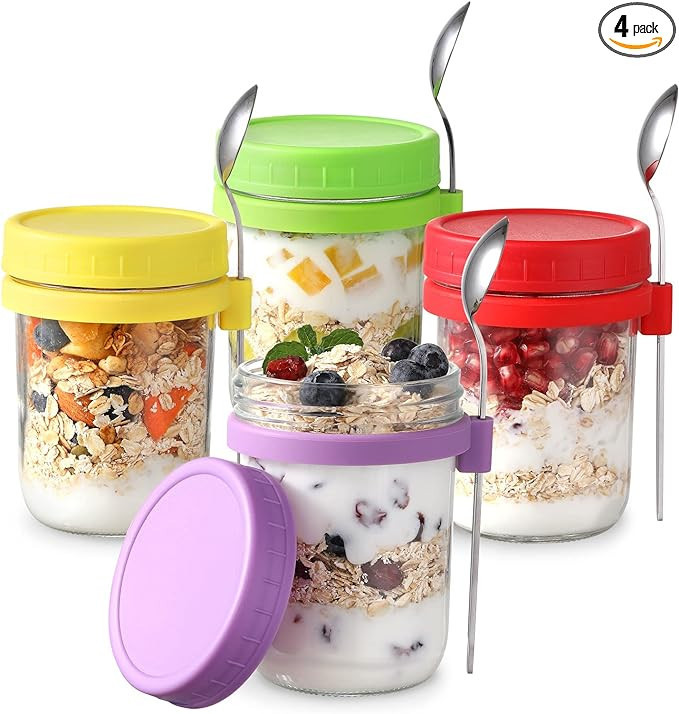 LANDNEOO 4 Pack Overnight Oats Containers with Lids and Spoons, 16 oz Glass Mason Overnight Oats ... | Amazon (US)