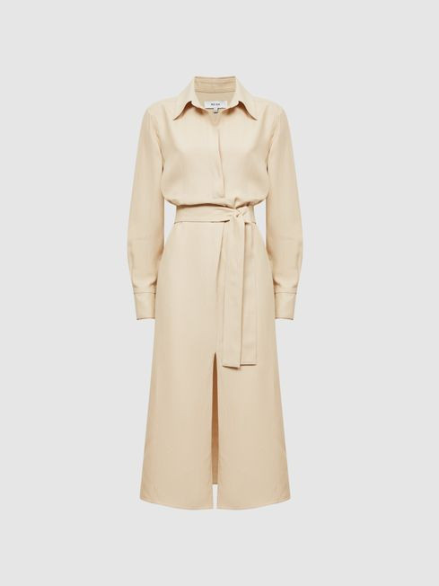 Reiss Neutral Phoenix Premium Linen Blend Midi Dress | Reiss UK