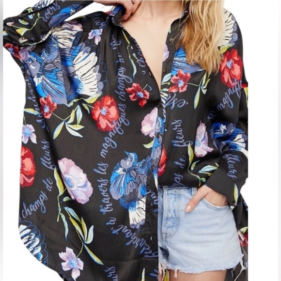 Fre people silky night satin tunic top blouse shirt high floral size S | Poshmark