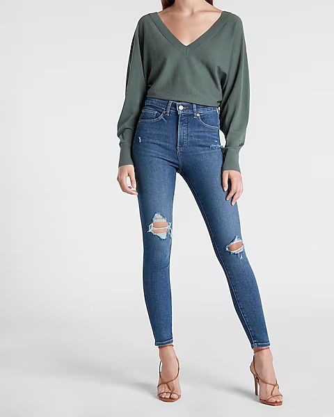 High Waisted Medium Wash Ripped Skinny Jeans | Express