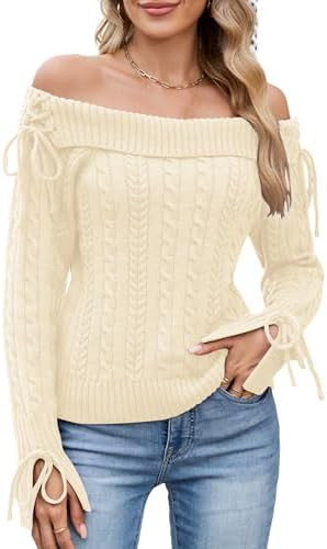 ZAFUL Women Off Shoulder Sweaters Long Sleeve Cable Knit Slim Fit Ribbed Knit Tops Pullover Sweat... | Amazon (US)