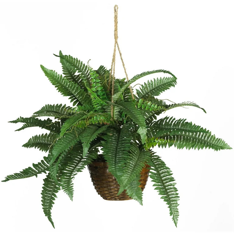 Nearly Natural 18" Boston Fern Polyester Artificial Plant in Hanging Basket, Green | Walmart (US)