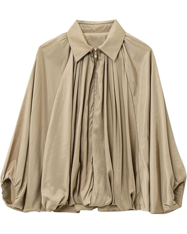 Womens Puffed Bomber Jacket Casual Batwing Sleeve Lapel Collar Zip Shirts Oversized Pleated Stree... | Amazon (US)
