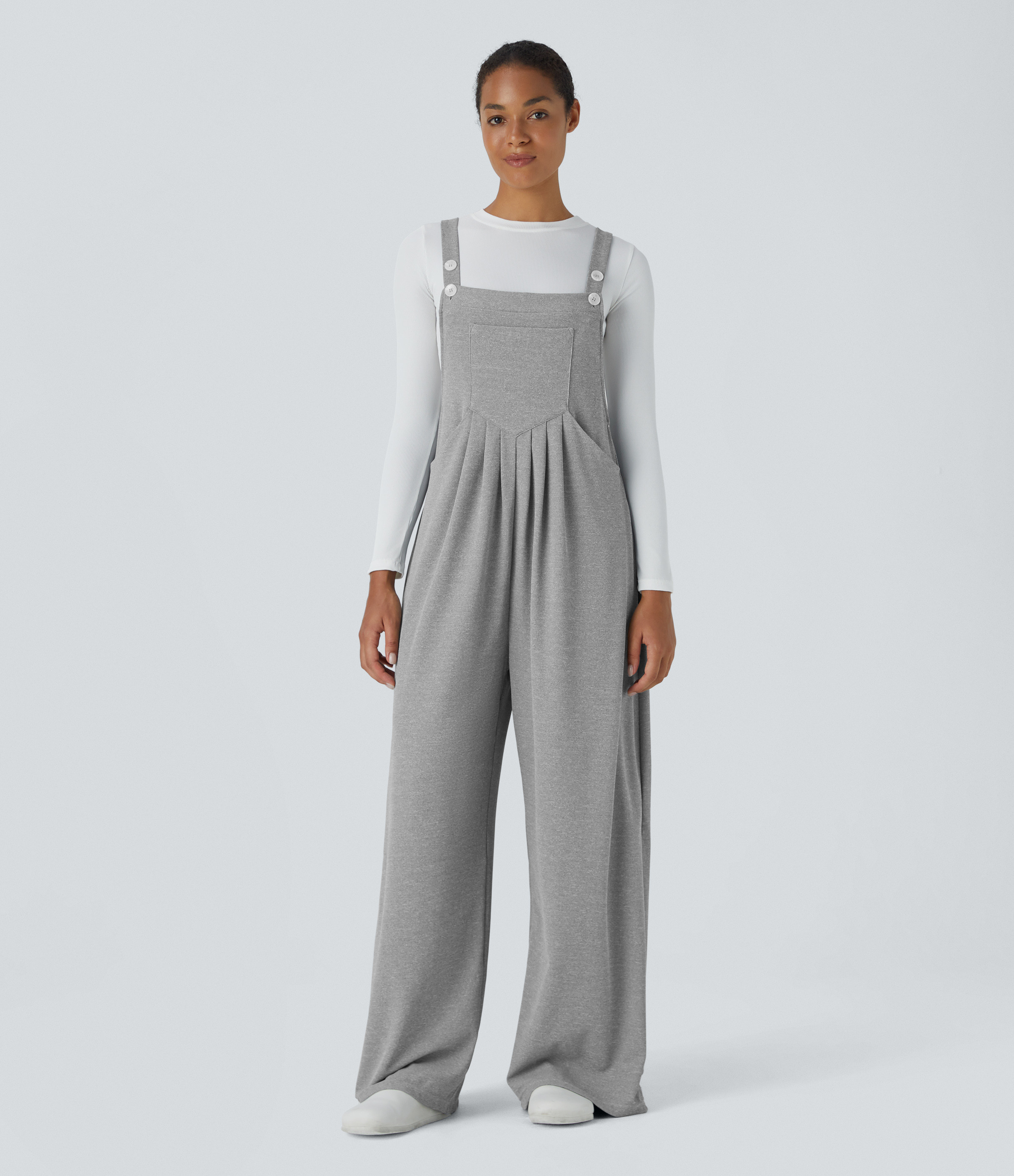 Halara Adjustable Strap Button Multiple Pockets Waffle Casual Overalls - Waffle Gray - M(tall) | HALARA