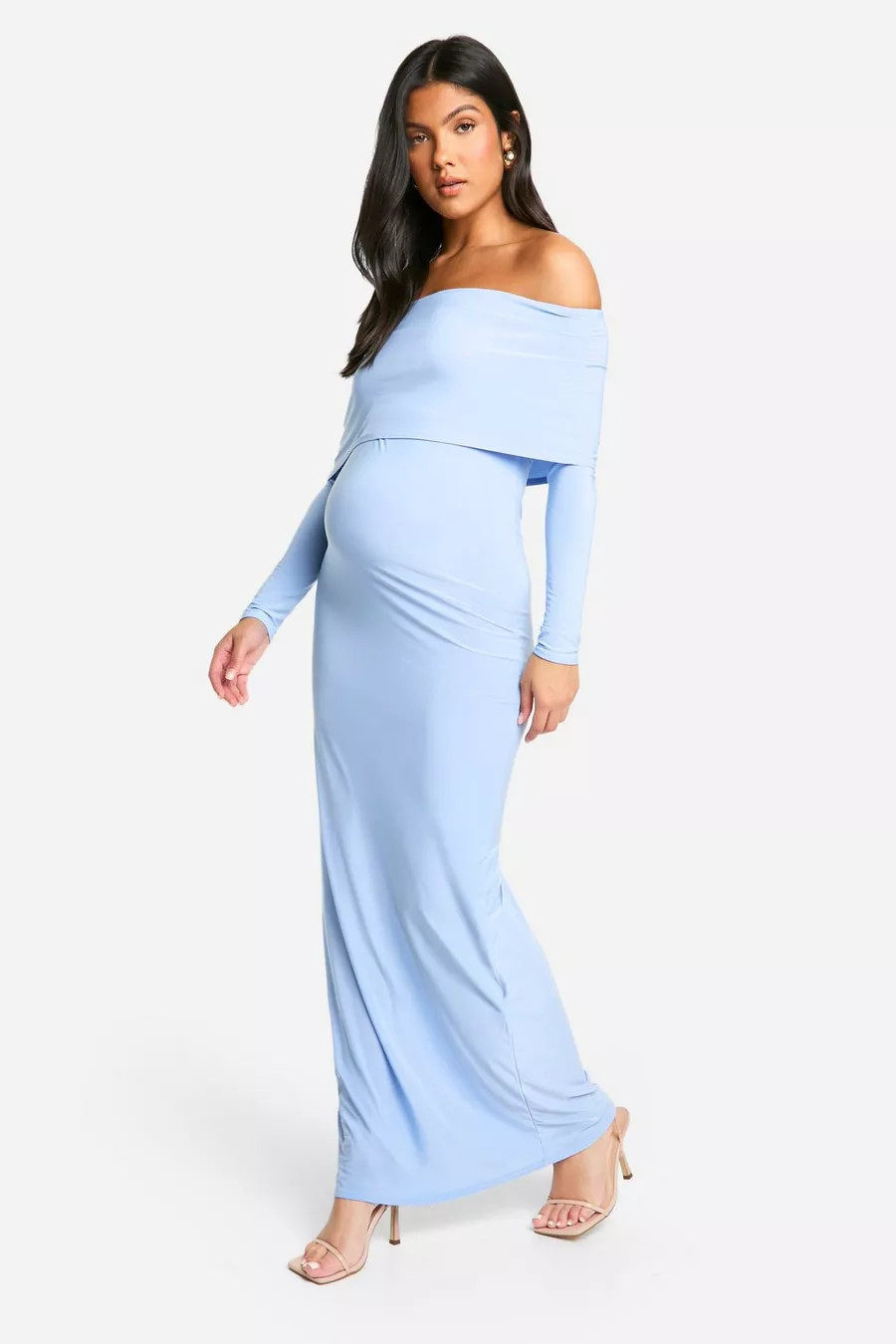 Maternity Slinky Deep Bardot Long Sleeve Maxi Dress | boohoo (US & Canada)